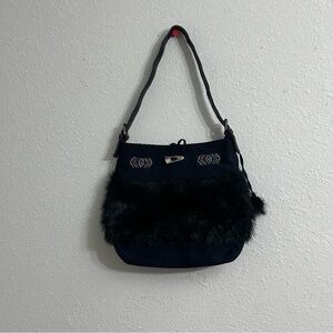 Black Coachella Fest Purse Faux Fur with pom poms blue gold beads native HandBag